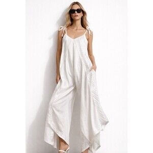 Faiounge White Pleated Asymmetrical Tie Strap Jumpsuit Size L